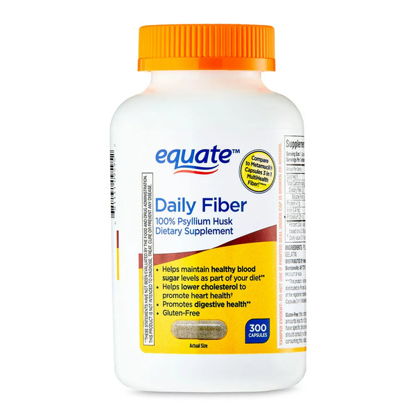 Equate Daily Fiber, 100% Psyllium Husk Digestive Health Supplement Capsules, 300 Count
