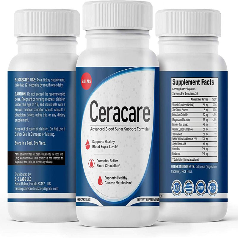 Ceracare - Advanced Blood Sugar Support Formula - White and One Size Pills for Healthy Blood Sugar Levels - Promotes Better Blood Circulation and Healthy Glucose Metabolism - 60 Capsules (1 Pack)