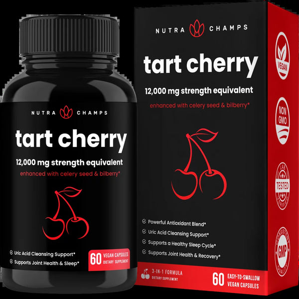 Nutrachamps Organic Tart Cherry Extract Capsules | Tart Cherry Supplement with Bilberry Fruit & Celery Seed | 1200Mg Premium Uric Acid Cleanse for Joint Support & Muscle Recovery | 60 Vegan Capsules