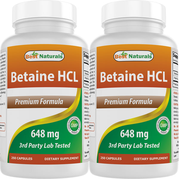 2 Pack Best Naturals Betaine HCL 648 Mg 250 Capsules