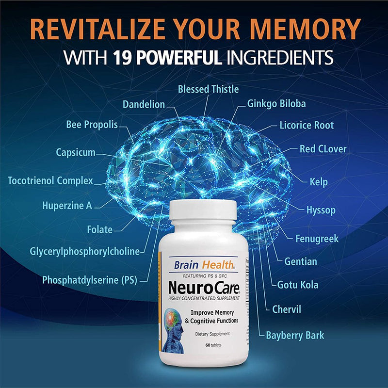 Neuro Care Nootropic Brain Health Supplement, Highly Concentrated Memory Booster Enhanced Mental Focus, Cognition, Memory, Concentration and Clarity, 100% Natural Dietary Supplement - 60 Tablets