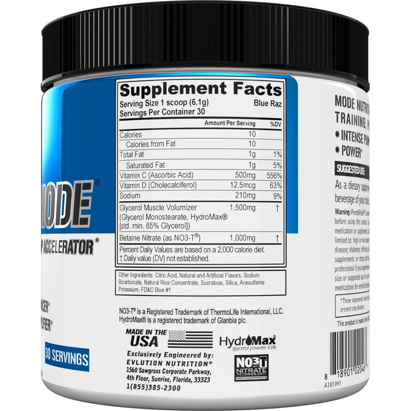 Nitric Oxide Booster Workout Supplement - Evlution Nutrition Pump Mode NO Boost for Performance & Vascularity - Pre Workout Powder 30 Servings (Blue Raz)