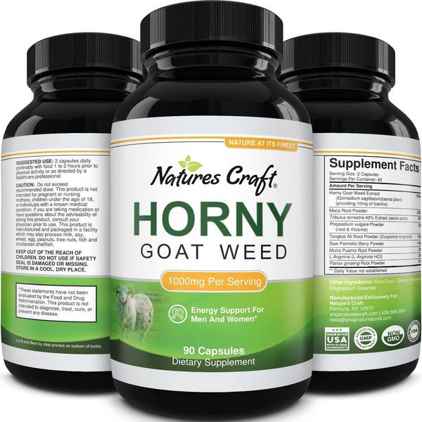 1000 mg Horny Goat Weed Supplement for Drive and Stamina - Pure Epimedium with Tongkat Ali Maca Root Ginseng Saw Palmetto - Boosts Performance for Men and Women 90 Capsules by Natures Craft
