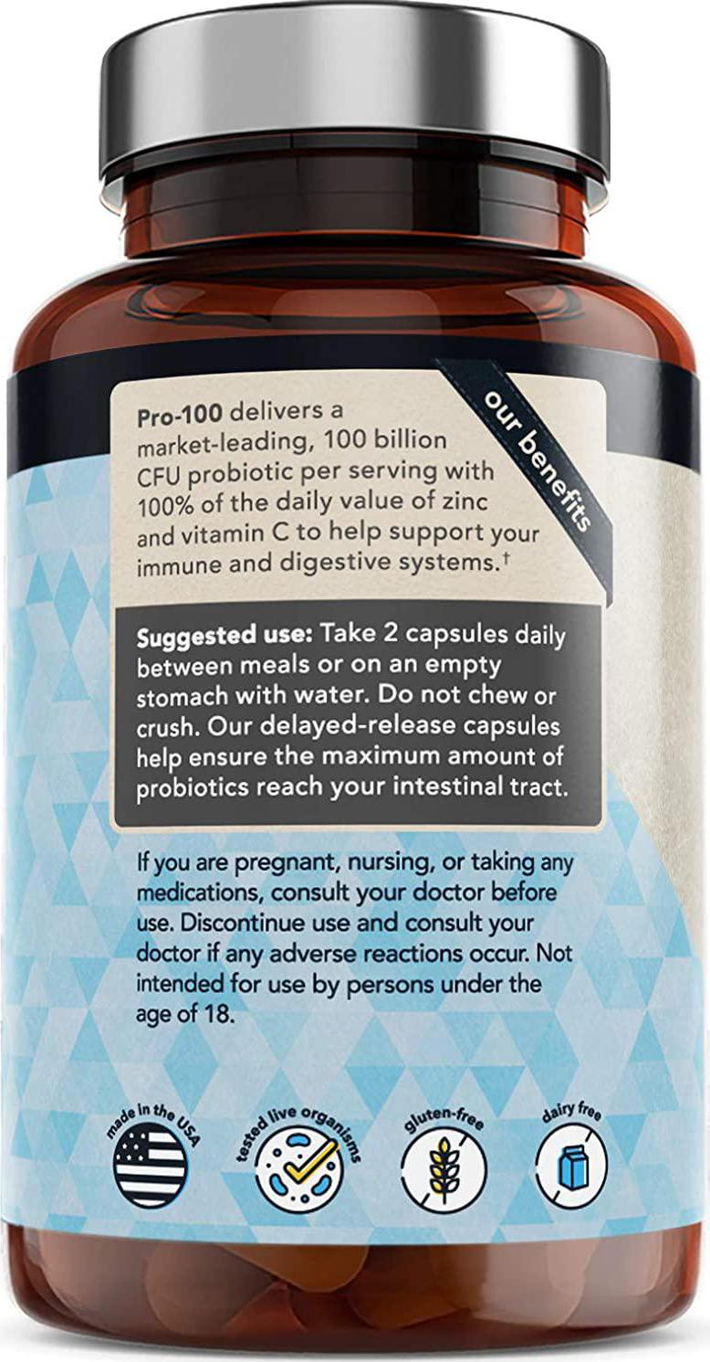 100 Billion CFU 13 Strains, Raw Probiotics with Vitamin C and Zinc for Immune Support, Gut and Digestive Health, with Delayed Release Embocaps