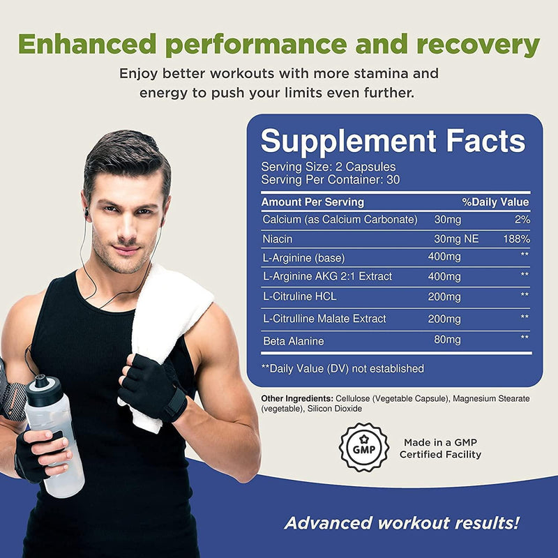 100% Pure L-arginine and L Citruline a Premium Amino Acids Strength for Pre Work Out and Energy Enhancement for Men to Support Nitric Oxide 1000 mg Per Capsules a Natural Supplement Booster
