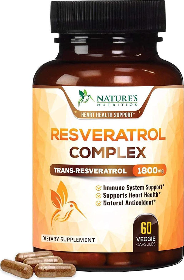 100% Pure Resveratrol - Highest Potency 1800mg Per Serving - Made in USA - Natural Antioxidant Supplement Extract, Trans-Resveratrol Pills for Anti-Aging, Cardiovascular Heart Support - 60 Capsules