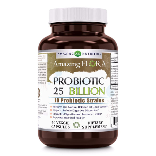 Amazing Flora Probiotic 25 Billion with 10 Best Probiotics Strains Including Acidophilus, Plantarum, Rhamnosus Etc * Supports Digestive & Immune Health * 60 Veggie Capsules