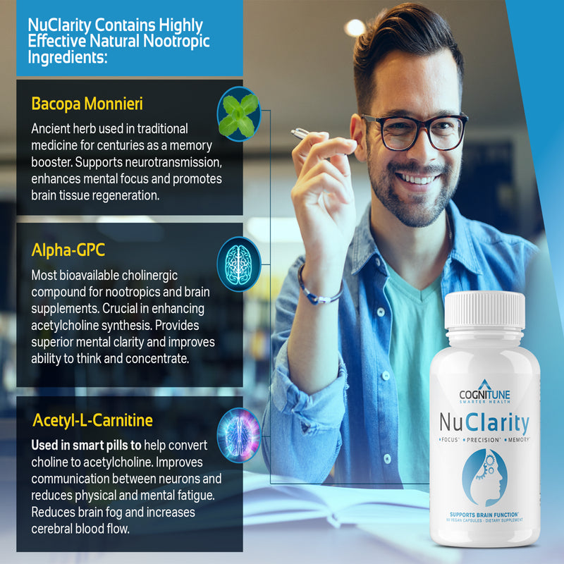Nuclarity - Nootropic Brain Supplement for Focus & Mental Clarity with Ginkgo Biloba, Phosphatidylserine, Alpha GPC, Bacopa, Rhodiola, Huperzine A