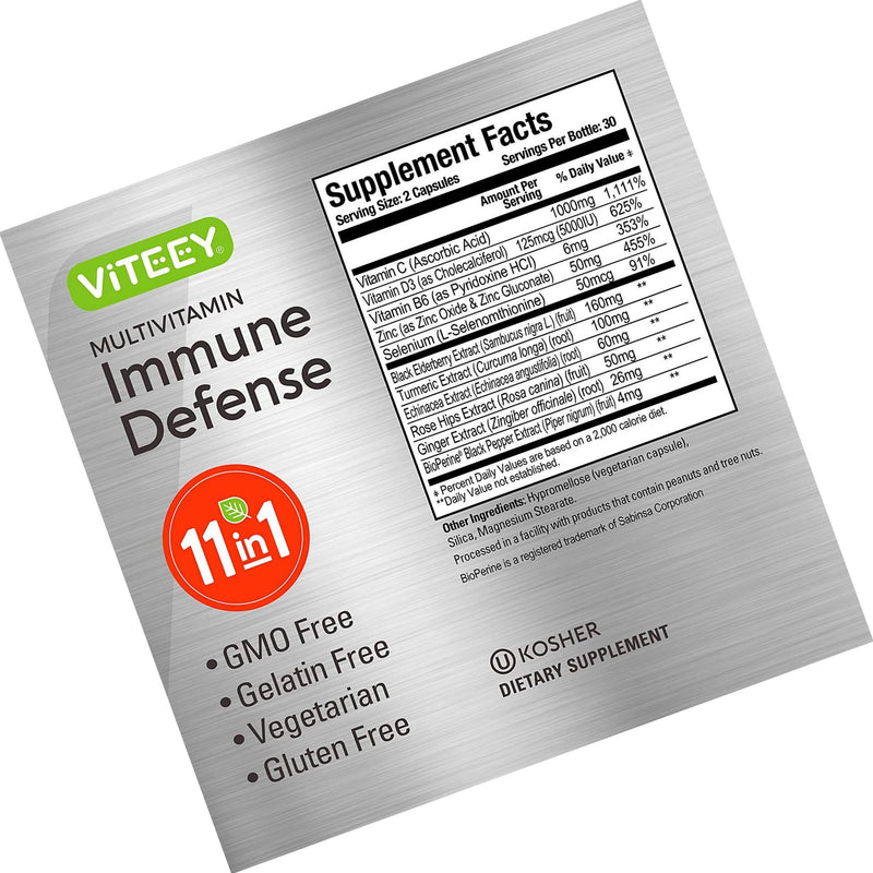 11 in 1 Immune Defense Support Supplement Booster with Vitamin C, Vitamin D3, Vitamin B6, Zinc, Elderberry, Echinacea, Turmeric, Rose-Hips, Selenium, BioPerine, Ginger, For Adults [60 Capsules-2 Pack]