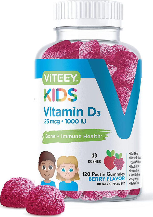 [120 Count] Vitamin D3 Gummies 25mcg 1000 IU Formulated for Kids - Bone Health, Immune Health, Joint Muscle Support - Dietary Supplement, Gelatin Free, Pectin Based - Berry Flavors Chewable Gummy