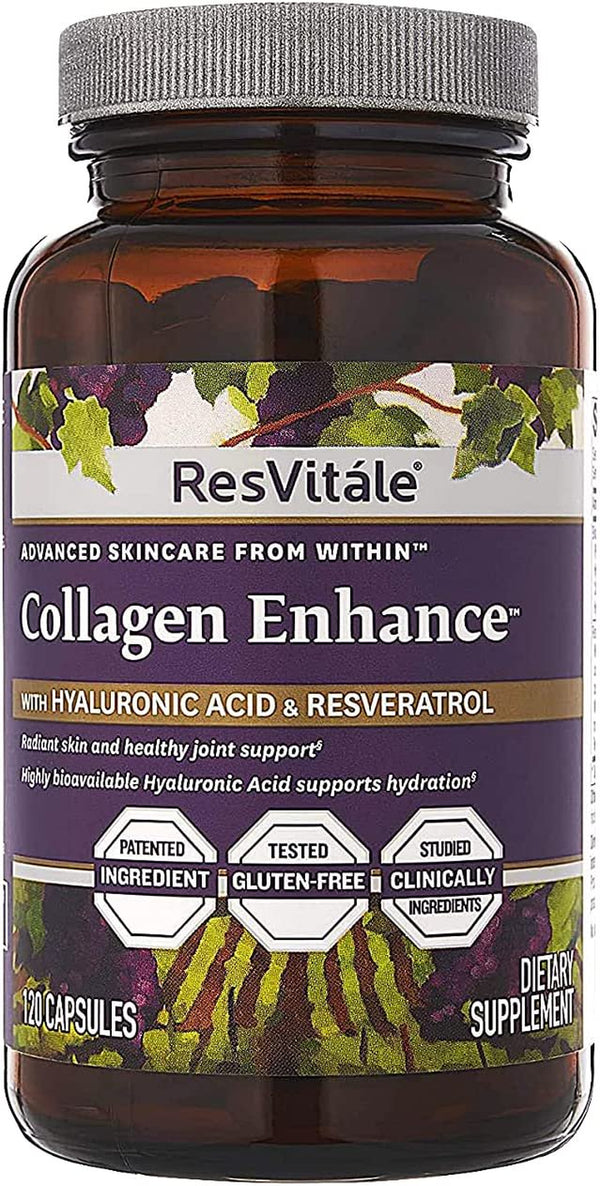 Resvitale Collagen Enhance anti Aging Skin Care Collagen Supplement - Hydrolyzed Collagen Peptides with Hyaluronic Acid and Resveratrol - Skin Food & Joint Support Collagen Capsules, 1000Mg, 120 Caps