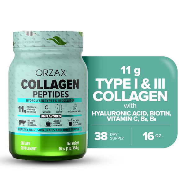 ORZAX Collagen Peptides Powder Unflavored - Hair, Skin and Nails Vitamins - Bone & Joint Support Supplement - Collagen Drink Mix - Collagen Powder for Women & Man (16Oz)