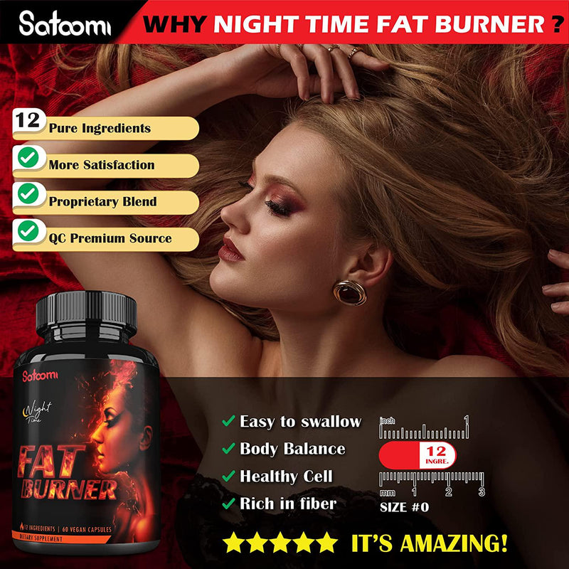 12in1 Night Time Fat Burner for Women - VitaminD.3, Garcinia Cambogia, White Kidney Bean, Ceylon Cinnamon, Gymnema Sylvestre, Lemon Balm - Metabolism and Body Support - 60 Capsules