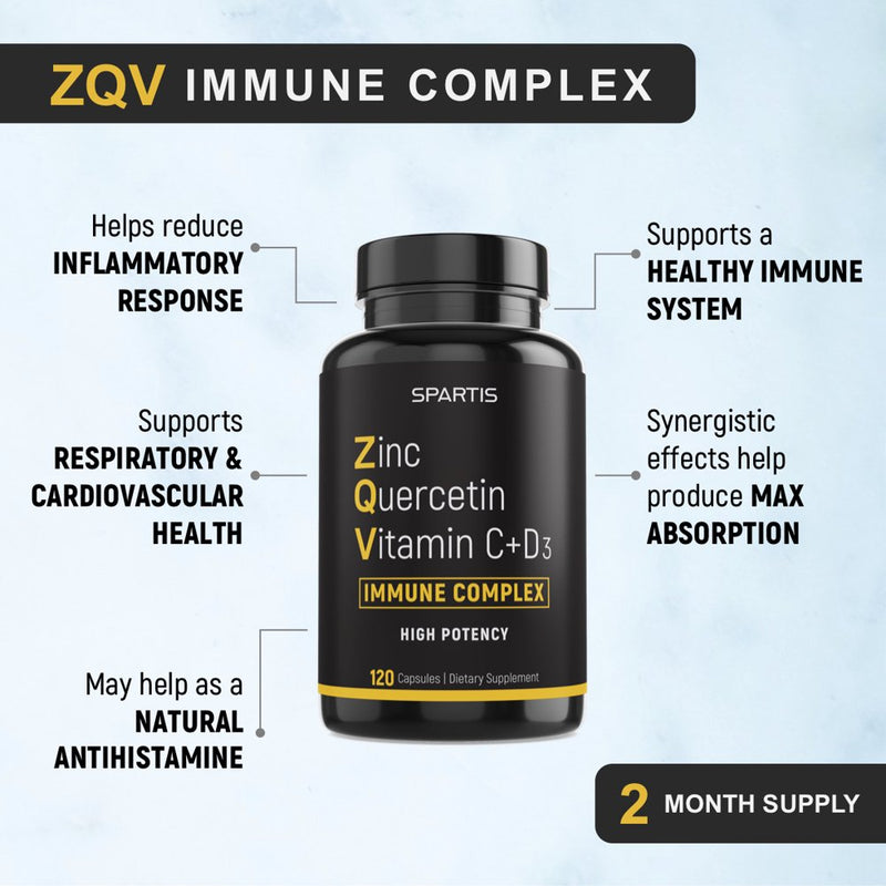 Zinc Quercetin 500Mg with Vitamin C Vitamin D3 Bromelain Immune Support High Potency anti Inflammatory Quercetin Zinc Supplement Immunity Booster ZQV Immune Complex (120-Ct)