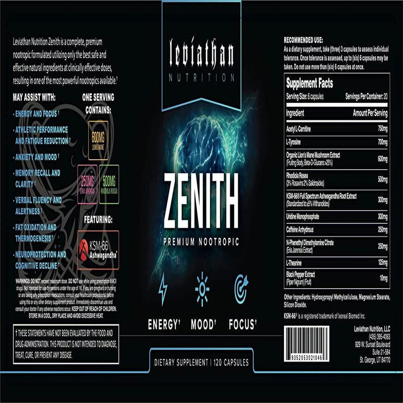 Leviathan Zenith Premium Nootropic Brain Supplement for Concentration, Brain Support for Energy, Memory and Focus - Lions Mane Mushroom, Ashwagandha - 120 Capsules