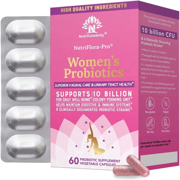 Nutricelebrity Nutriflora-Pro Probiotics for Women - Support Vaginal, Urinary Health (UTI), Digestive System, Period Pain, Yeast, and BV Relief, Cranberry Pills, 10 Billion CFU 6 Strains (60 Caps)