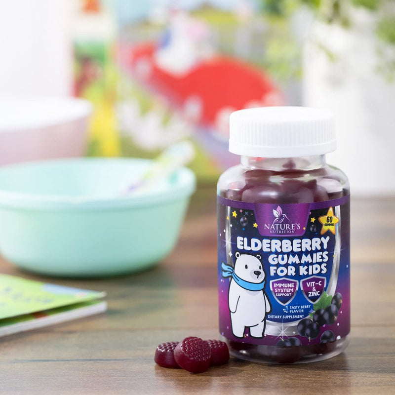 Elderberry Gummies for Kids with Vitamin C, Zinc & Sambucus Black Elderberry Extract - Daily Childrens Immune Support Vitamins Gummy Supplement, Non-Gmo, Vegan, Natural Berry Flavor - 60 Gummies