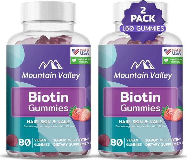 (160 Gummies) Biotin Gummies 10,000 mcg, Hair Skin and Nails Gummies, Hair Growth Gummies for Women Men, Vegan, Non-GMO, Pectin-Based, Delicious Strawberry Flavor, Mountain Valley (2-Pack)
