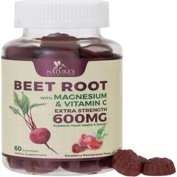 Beet Chews Gummies with Beetroot - Energy & Heart Health Support, Natural Nitric Oxide Production Support, Superfood Beets Soft Chews Gummy Supplement - Pomegranate Flavor - 60 Count Beet Root Gummies