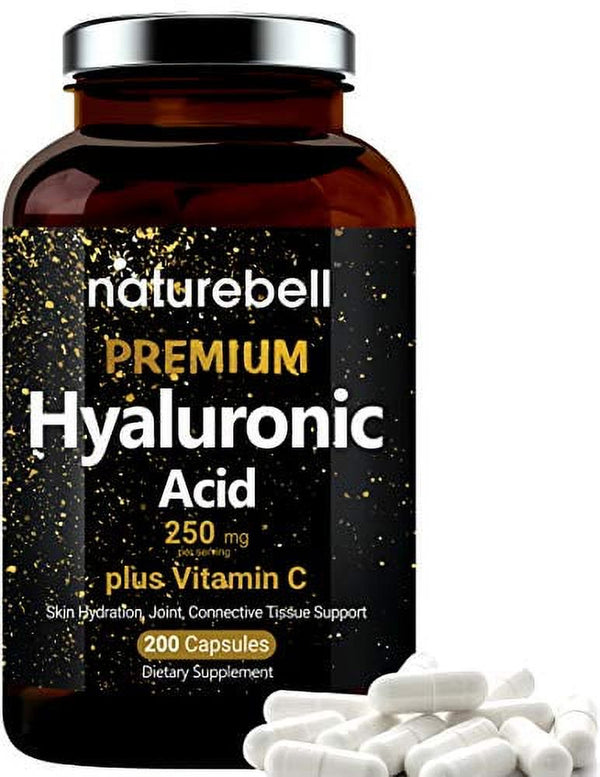 Naturebell Hyaluronic Acid Supplements, 250Mg Hyaluronic Acid with 25Mg Vitamin C per Serving, 200 Capsules, Supports Skin Hydration, Joints Lubrication, Antioxidant and Immune System, Non-Gmo