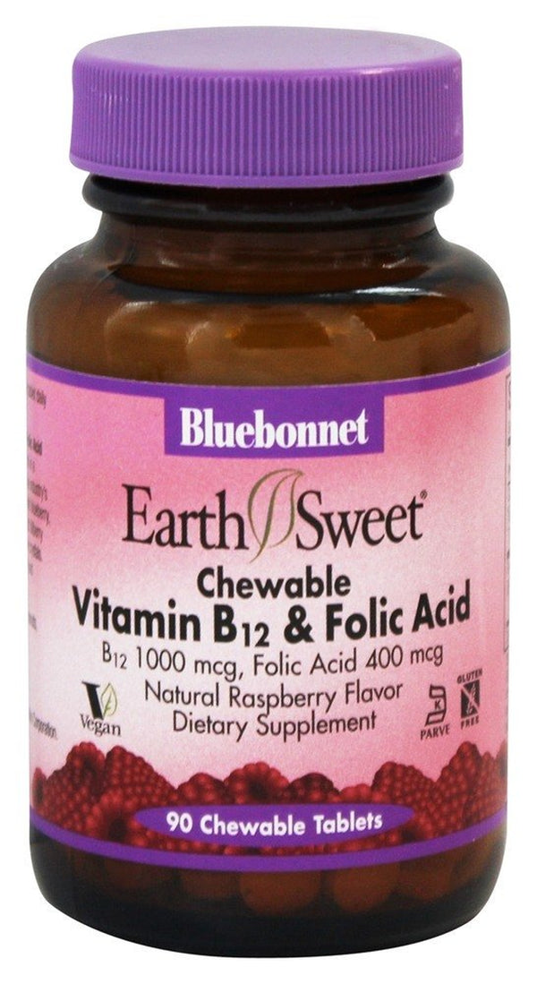 Bluebonnet Nutrition - Earth Sweet Chewable Vitamin B12 & Folic Acid Natural Raspberry Flavor 1000 Mcg. - 90 Chewable Tablets