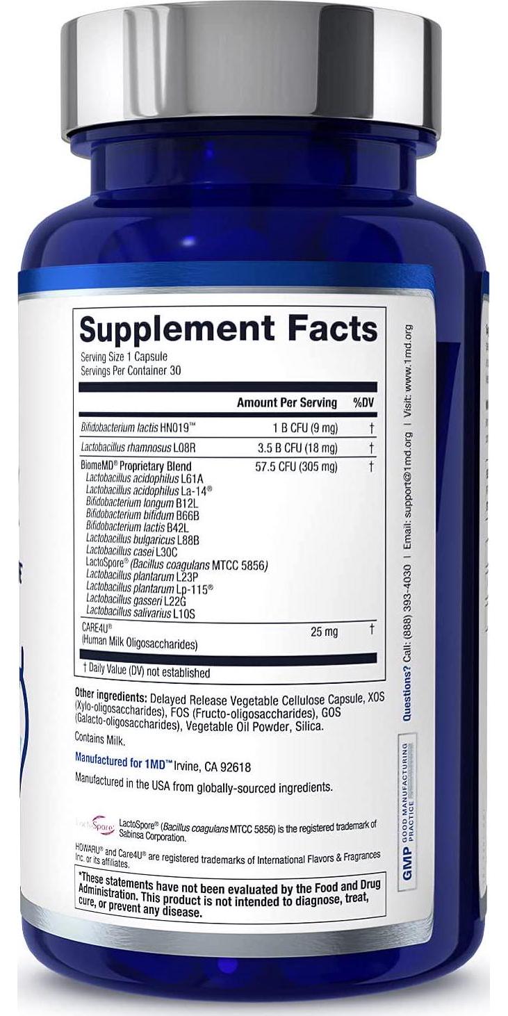 1MD BiomeMD Probiotics - 62 Billion CFUs, 15 Clinically Studied Strains - Probiotics with Prebiotics with HMO | Doctor-Formulated for Optimal Digestive Health | 30 Capsules