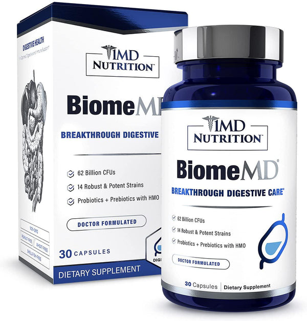 1MD BiomeMD Probiotics - 62 Billion CFUs, 15 Clinically Studied Strains - Probiotics with Prebiotics with HMO | Doctor-Formulated for Optimal Digestive Health | 30 Capsules