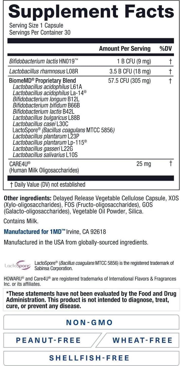 1MD BiomeMD Probiotics - 62 Billion CFUs, 15 Clinically Studied Strains - Probiotics with Prebiotics with HMO | Doctor-Formulated for Optimal Digestive Health | 30 Capsules