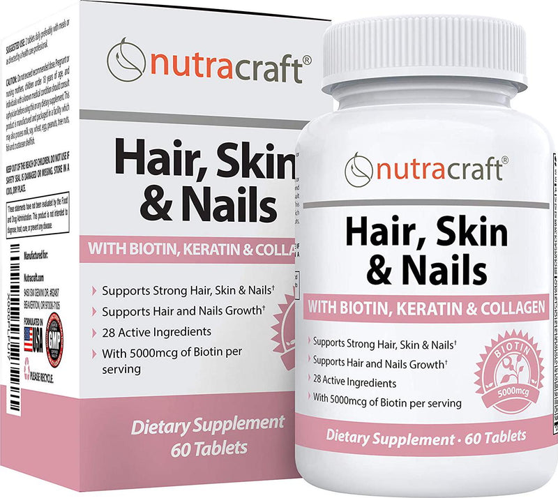 #1 Hair, Skin and Nails Supplement with 5000mcg of Biotin, Keratin, Collagen, MSM, Silica and Hyaluronic Acid to Promote Hair Growth, Stronger Nails and Glowing Skin - 60 Tablets
