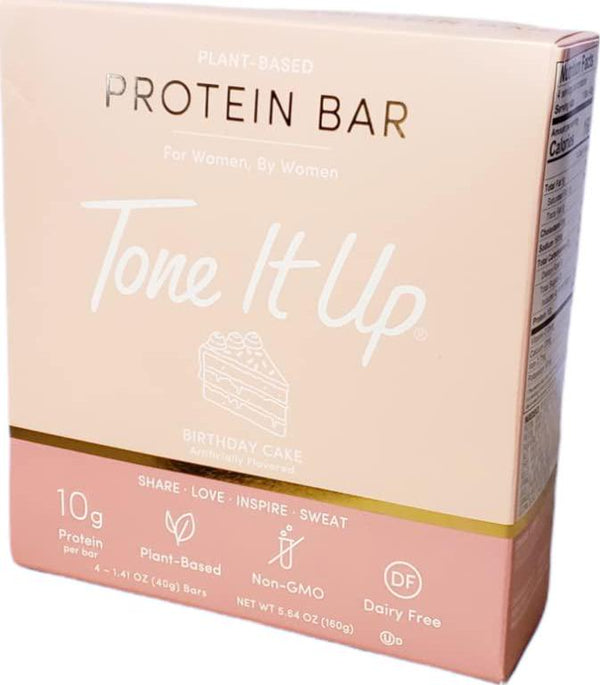 1) Pack of 4 - 1.41 oz (40g) Bars each. Tone It Up Plant-based Protein Bar For Women, By Women - Birthday cake Artificially Flavored - SHARE-LOVE-INSPIRE-SWEAT, 1.41 Ounce (Pack of 4)