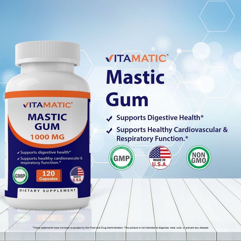 Vitamatic Mastic Gum 1000Mg per Serving 120 Capsules - Promotes Digestive, Oral & Liver Health