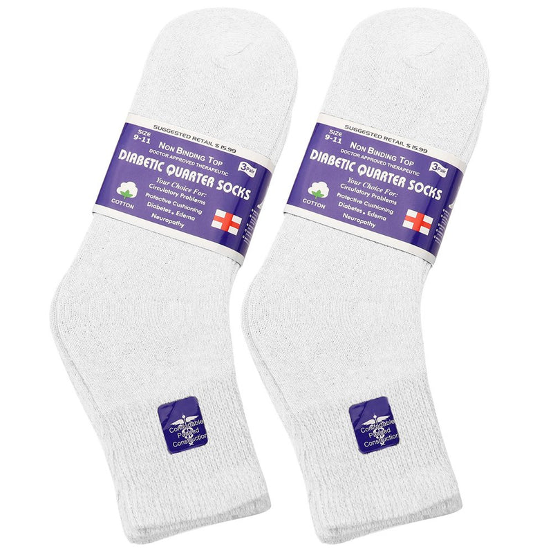 6-Pack Diabetic Socks Physicians Approved Socks for Men Women Legs Blood Circulatory Problems, Diabetes, Edema, Neuropathy, Quarter Size 9-11 White