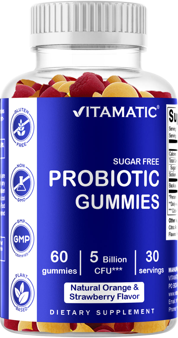 Vitamatic Probiotic Sugar Free Gummies for Men and Women 5 Billion Cfus - Digestive, Immune & Gut Health - Gluten Freevitamatic Probiotic Sugar Free Gummies for Men and Women 5 Billion Cfus - Digestiv