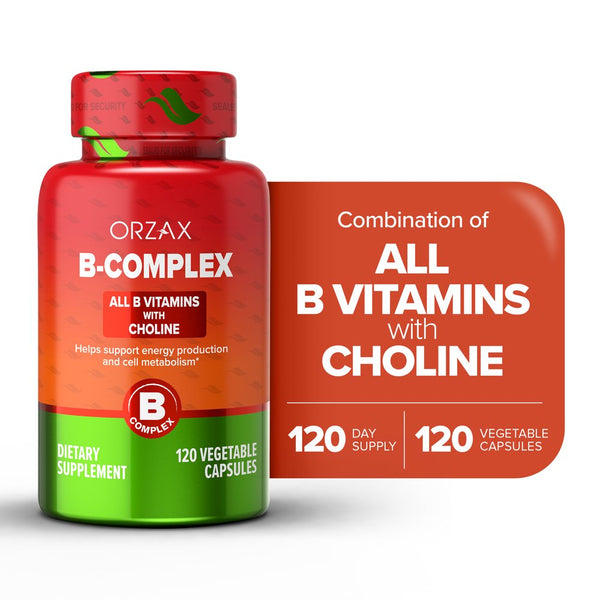 ORZAX Vitamin B Complex, B Vitamins with Choline & Inositol - 120 Vegetable Capsules