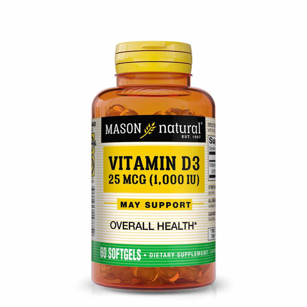 Mason Natural Vitamin D3 25 Mcg (1000 IU) - Supports Overall Health, Strengthens Bones and Muscles, from Fish Liver Oil, 60 Softgels