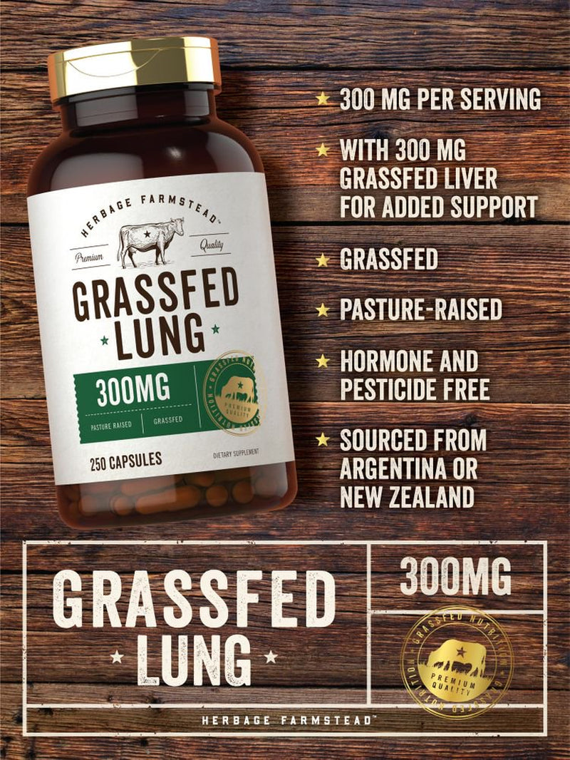 Grass Fed Lung 300Mg | 250 Capsules | with Grass Fed Liver | by Herbage Farmstead