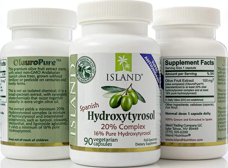 20% Hydroxytyrosol ComplexTM Olive Fruit Extract - Super Strength 100% Grown and Extracted in Spain. 100 mg, 90 Capsules. from Island Nutrition, The Maker of Real European Olive Leaf Extract.