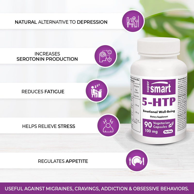 Supersmart - 5-HTP 100 Mg per Day - Mood Support Supplement - Serotonin Synthesis - Stress & Sleep Support | Non-Gmo & Gluten Free - 90 Vegetarian Capsules