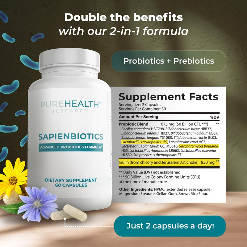 Sapiens Daily Probiotics for Digestive Health - 50 Billion CFU, 13 Strains - Gut Flora Probiotics for Women Digestive Health - Men Fiber Supplement - Acidophilus Probiotics and Prebiotics, 6 Bottles