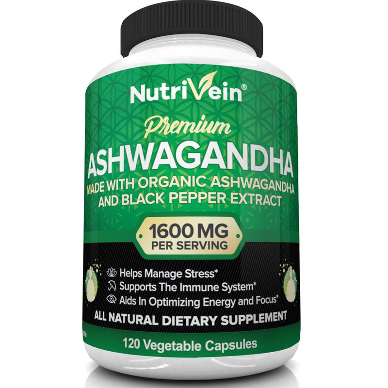 Nutrivein Organic Ashwagandha Capsules 1600Mg - 120 Vegan Pills - for Stress and Anxiety Relief - Herbal Supplements