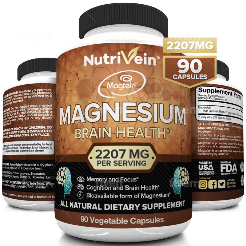 Nutrivein Magnesium L-Threonate (Mgt) - 90 Capsules - Boosts Brain Health, Memory & Focus