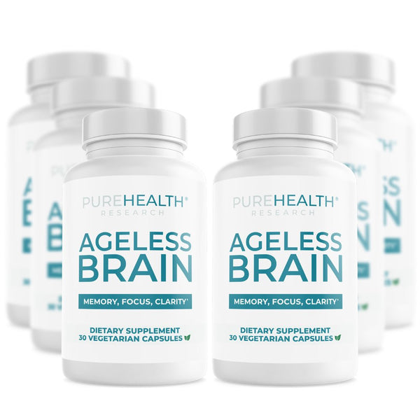 Ageless Brain Vitamins for Memory Support, Nootropic Brain Supplement, Brain Health Supplements for Adults with Vitamin B6, Alpha GPC, Bacopa Monnieri by Purehealth Research, 6 Bottles
