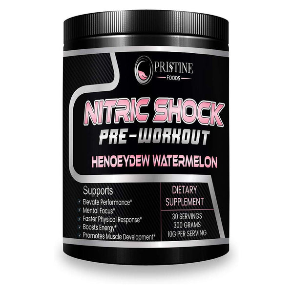 Nitric Shock Pre-Workout Powder - Nitric Oxide Booster Supplement, Promotes Muscle Growth, Tissue Repair, Endurance & Energy Booster - 300 Grams, by Pristine Foods