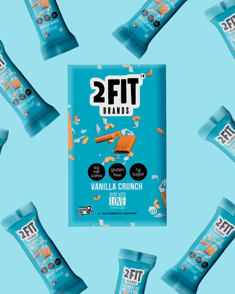 2FIT BRANDS Protein Bar Vanilla Crunch | Vegan, Gluten Free, Plant Based, High Protein Snack, Low Sugar, Low Carb, High Fiber, No Sugar Alcohols | 1.65 oz Bars, 12 Count