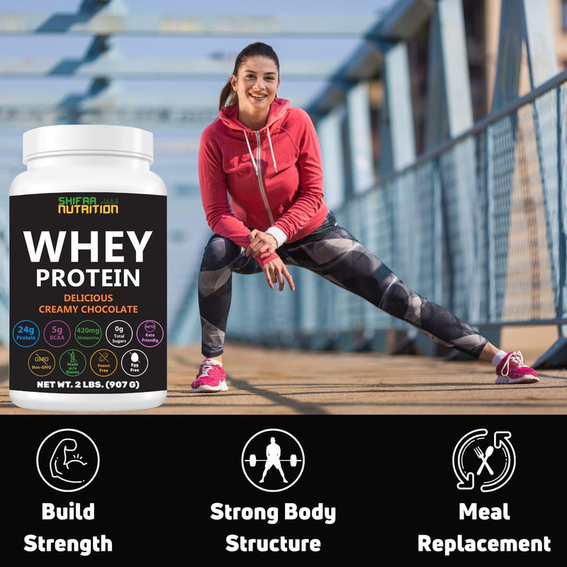 2 Lbs Halal Whey Protein Powder Creamy Chocolate. 24g Protein, 5g BCAAs and 420mg Glutamine. for Building Lean Muscles and Recovery. Sugar-Free, Keto-Friendly, Gluten-Free, Non-GMO. SHIFAA NUTRITION