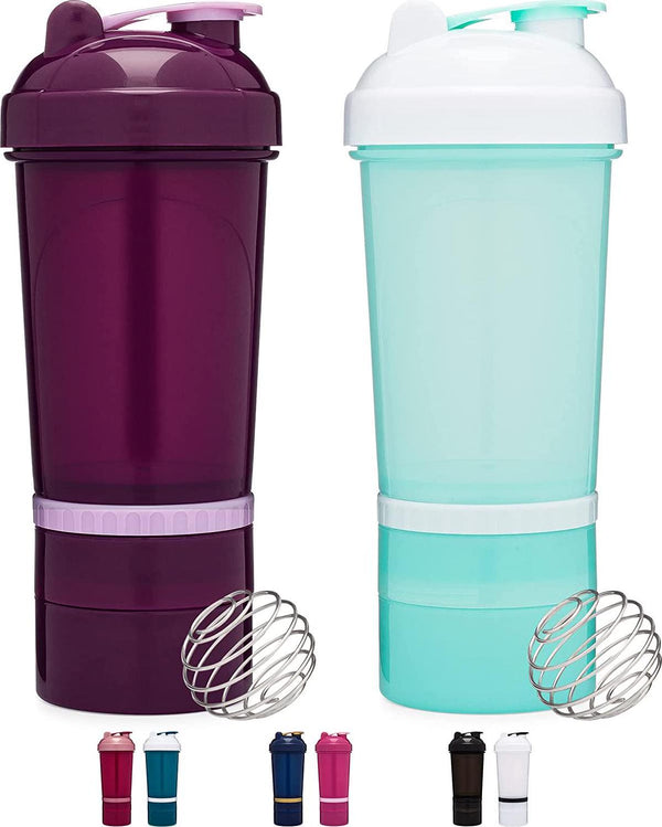 [2 Pack] 20 Ounce Shaker Bottle with Attachable Storage Compartments (Plum and Mint/White - 2 Pack) | Protein Shaker Cup with Wire Whisk Balls | Container Storage for Protein or Supplements