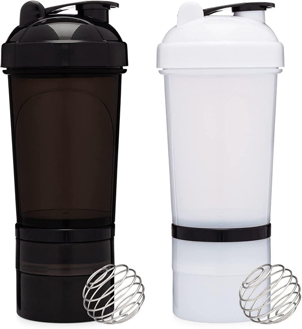 [2 Pack] 20 Ounce Shaker Bottle with Attachable Storage Compartments (White and Black - 2 Pack) | Protein Shaker Cup with Wire Whisk Balls | Attachable Container Storage for Protein or Supplements