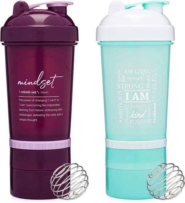 [2 Pack] 20-Shaker Bottle with Attachable Storage Compartments (Plum and Mint/White - 2 Pack) | 20 Ounce Protein Shaker Cup with Motivational Quotes | Attachable Container Storage for Protein or Supplements with Wire Whisk Balls