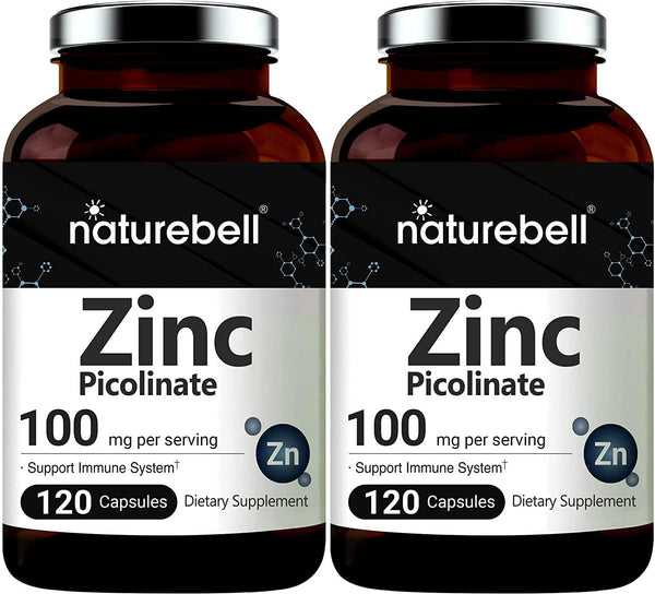 2 Pack Maximum Strength Zinc 100mg, Zinc Picolinate Supplement, 120 Capsules, Zinc Vitamin and Immune Vitamins for Enzyme Function and Immune Support, Non-GMO and Made in USA