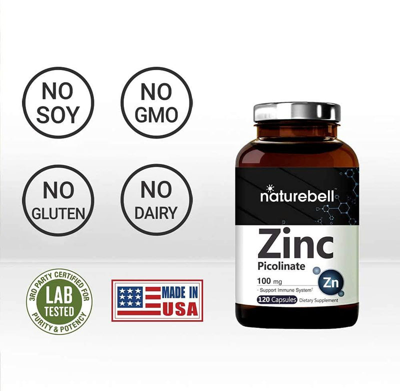 2 Pack Maximum Strength Zinc 100mg, Zinc Picolinate Supplement, 120 Capsules, Zinc Vitamin and Immune Vitamins for Enzyme Function and Immune Support, Non-GMO and Made in USA